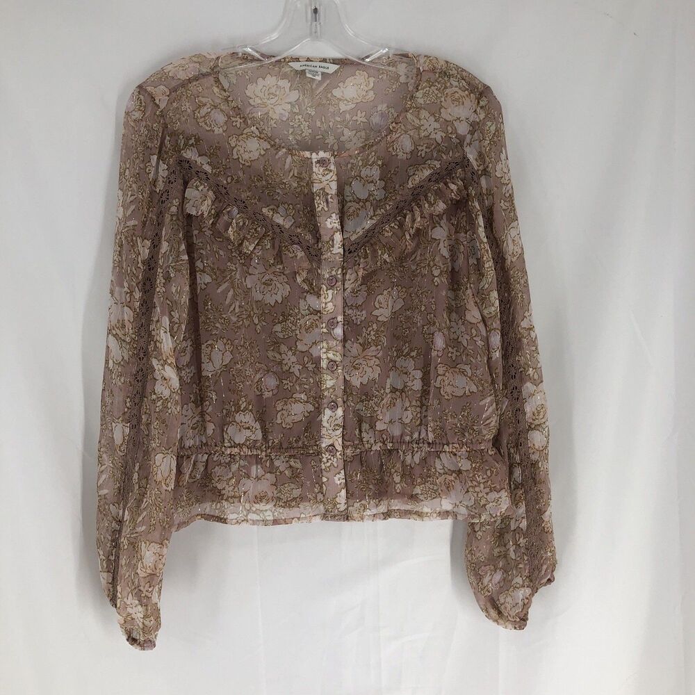 American Eagle Peasant Top Womens Medium Floral Boho Prairie Button